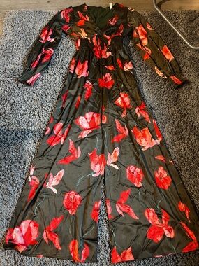 Hutch x Anthropologie Dark Green wide leg jump suit with Red Floral Detail